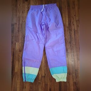 Vintage 80s Parachute Windbreaker Lined Track Pants Joggers M Purple Aqua Yellow